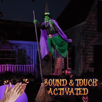 11.5ft Flying Witch on Broom Halloween Decor with Sound & Touch Activated