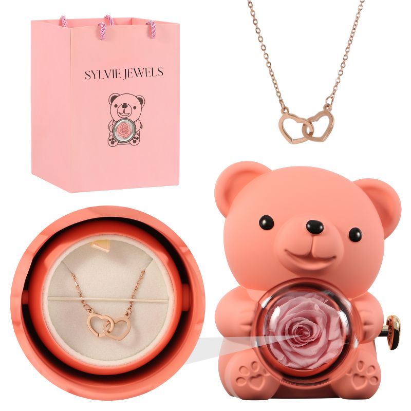 Orso rosa eterno con collana incisa per l'innamorato