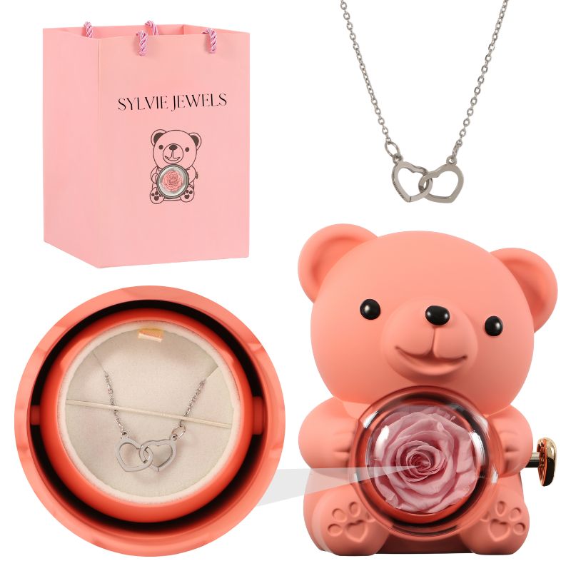 Orso rosa eterno con collana incisa per l'innamorato
