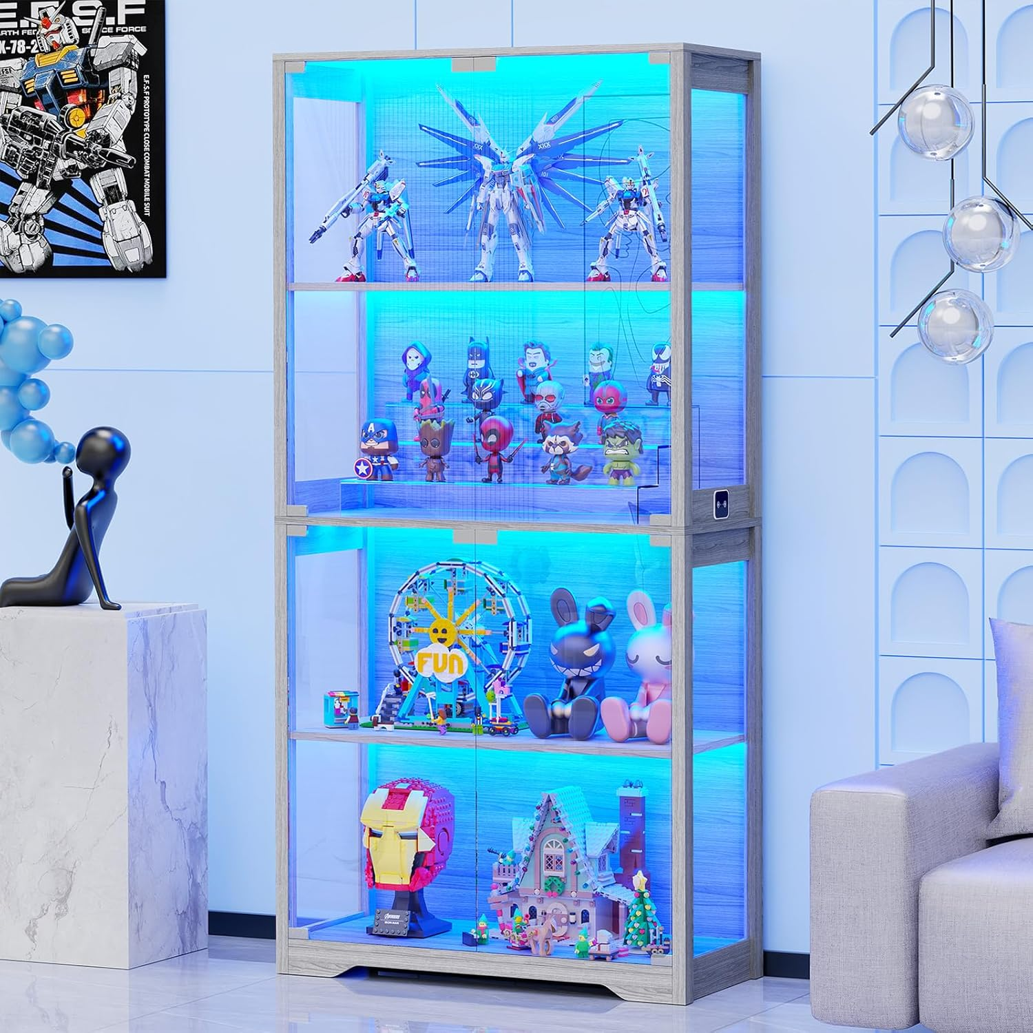 Display Cabinet with 3 Color Collectible Lights and Glass Doors