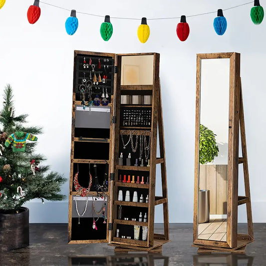 360° Rotating Jewelry Cabinet with Mirror and Wheels