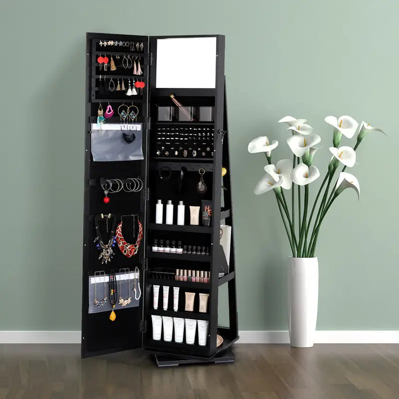360° Rotating Jewelry Cabinet with Mirror and Wheels