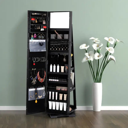 360° Rotating Jewelry Cabinet with Mirror and Wheels