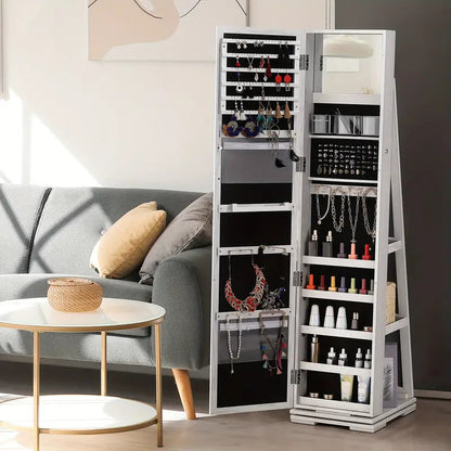 360° Rotating Jewelry Cabinet with Mirror and Wheels