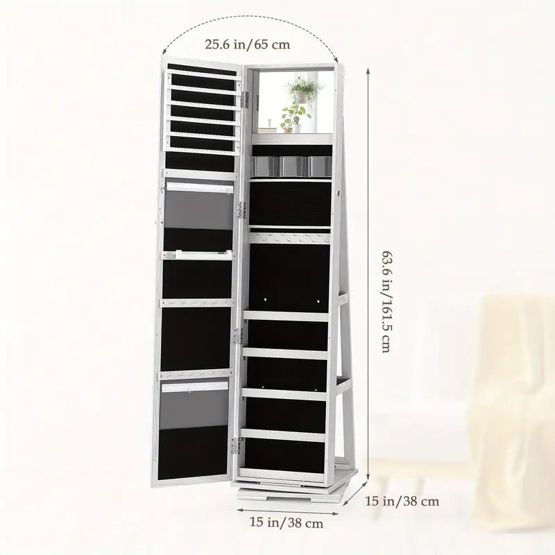 360° Rotating Jewelry Cabinet with Mirror and Wheels