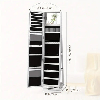 360° Rotating Jewelry Cabinet with Mirror and Wheels