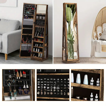 360° Rotating Jewelry Cabinet with Mirror and Wheels